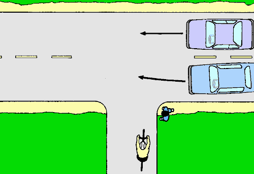 When entering the roadway, look both ways (6 kB gif)