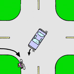 Éviter une collision : virage instantané pour passer devant une voiture qui tourne sur sa gauche en vous coupant la route.