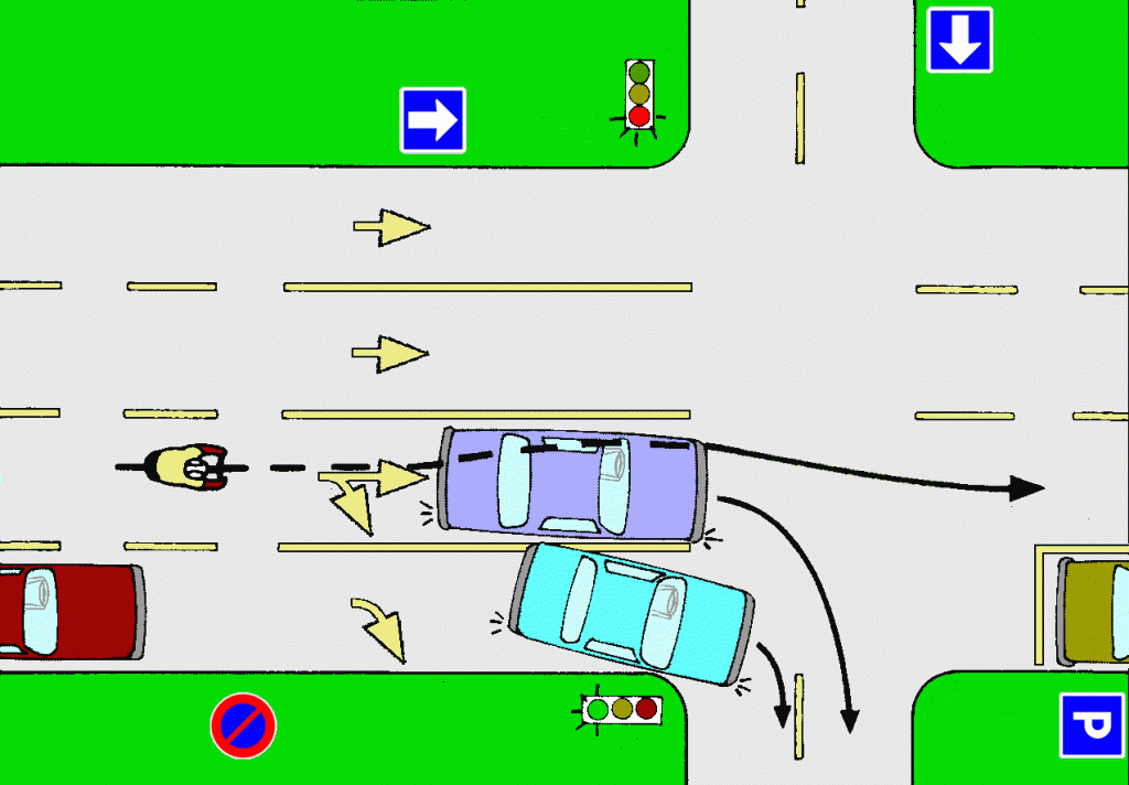 Quand vous continuez tout droit à une intersection, placez-vous à gauche des véhicules qui tournent à droite. Ne roulez pas à droite des voitures sauf si vous allez tourner à droite.