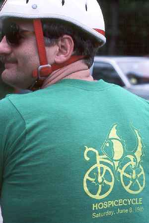 Fish-bicycle T-shirt at a charity ride on Cape Cod, Massachusetts