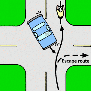 To assert your right of way when a driver threatens to turn left from ahead of you, check behind and merge left to make yourself more visible, then right to prepare your escape if necessary.