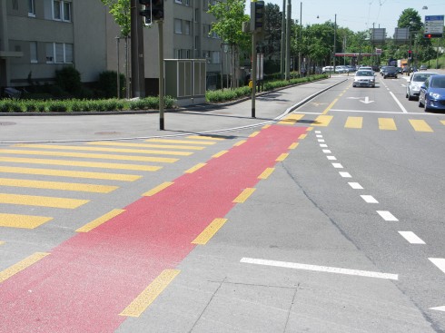 Bike lane in conflict zone, Winterthur, Switzerland. Photo by James Mackay