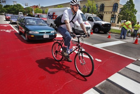 Red-painted bike box in Madison, Wisconsin. Madison Star-Intelligencer photo.