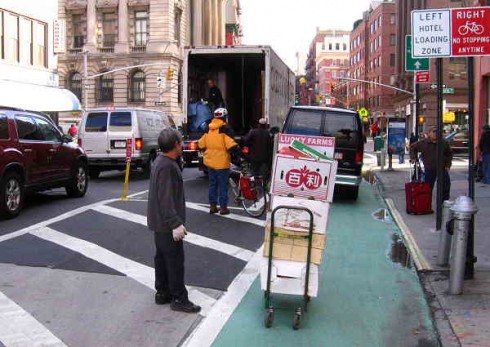 Trucks blocking the Grand Street bikeway