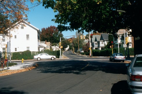 Jacob and I were turning left from where the car is in the picture. Note the hedge on the far left corner.