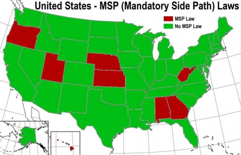 States with mandatory sidepath laws are shown in red in Dan Gutierrez's map