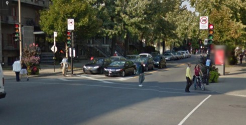 Two bicyclists ignore the designated route at Berri and Cherrier