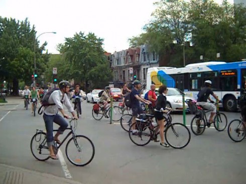 Bicyclists at the intersection of Rue Cherrier and Rue Berri, Montreal