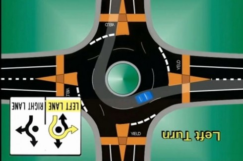 traffic in a roundabout, image rotated 180 degrees