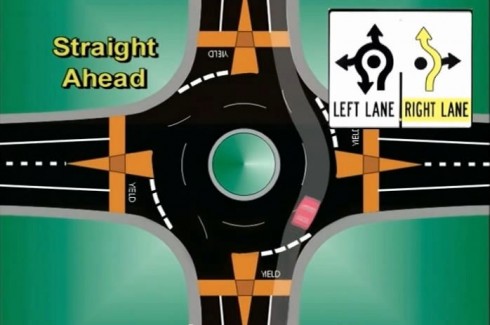 Path for through traffic in a roundabout