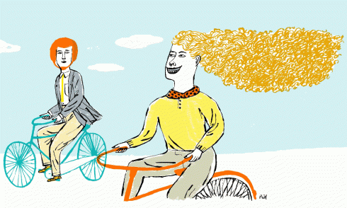 Drawing of two bicyclists no wearing helmets, highly stylized. 