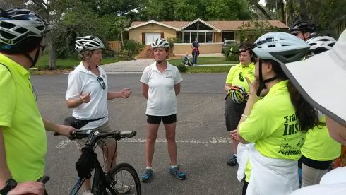 CyclingSavvy Instructor Training, March 4, 2017. Instructor Trainers keri Caffrey and Lisa Walker debrief instructor candidates following a "feature" -- a ride through a demanding stretch of roadway.