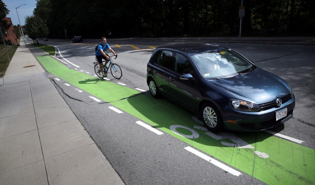 Diagonal bike lane in Cambridg,e massachusetts, USA